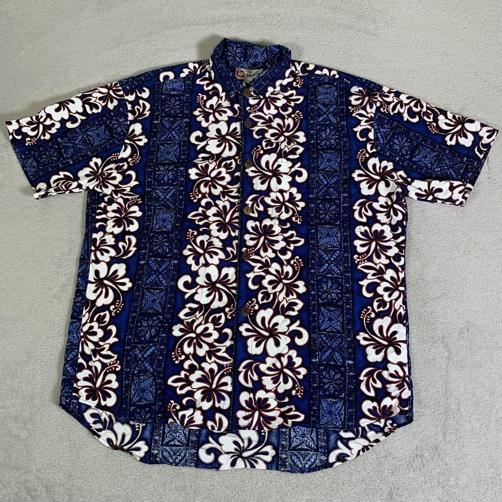 Vintage Hilo Hattie Shirt Mens Medium Blue Floral Hawaiian Short Sleeve Cotton